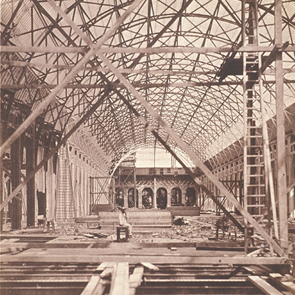 INTERIOR VIEW OF THE PALACE OF INDUSTRY UNDER CONSTRUCTION FOR THE 1855 WORLD’S FAIR